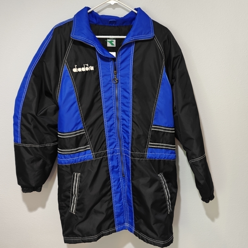 Vintage Diadora Long Rain Coat Mens Small Black Blue Hooded Insulated 90s